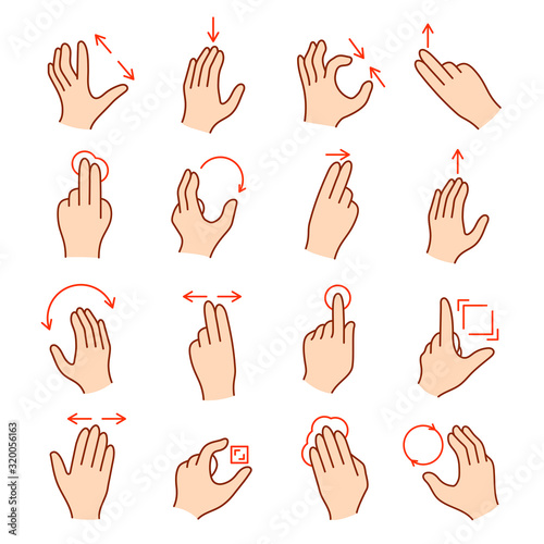 Touchscreen hand gestures and arrows indicating movement direction