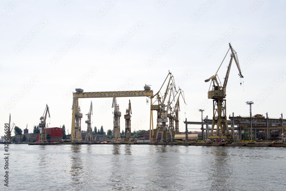 cranes in the port of Stettin, in Poland