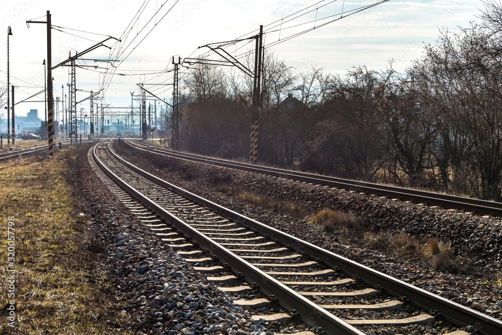 Railway line in the Czech Republic near the town of Tisnov. View of railroad tracks. Transport by rail. Concept of transportation of goods.