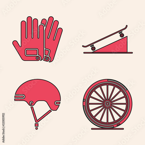 Set Bicycle wheel, Gloves, Skateboard on street ramp and Helmet icon. Vector