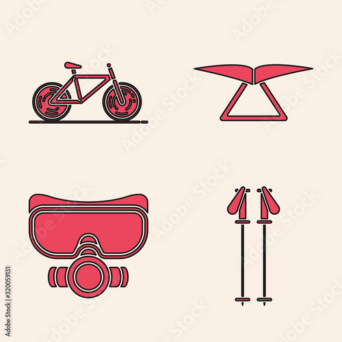 Set Ski poles, Bicycle, Hang glider and Diving mask icon. Vector
