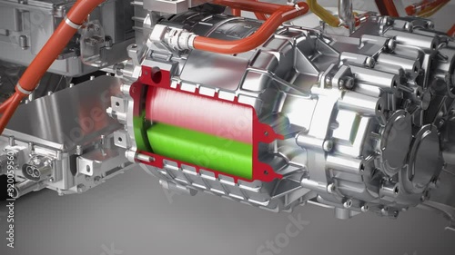 electric motor cut open x-ray view of the function of a electric car engine 3d rendering