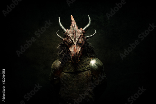 Fototapeta Portrait of a dragon-headed creature, front view