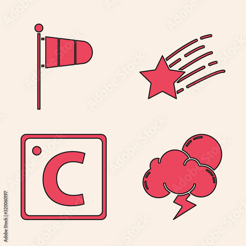 Set Storm, Cone meteorology windsock wind vane, Falling star and Celsius icon. Vector