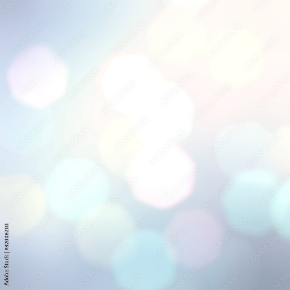 Obraz premium Bokeh blurred illustration. White grey blue gradient pattern. Lights abstract background. Bright defocus texture. 