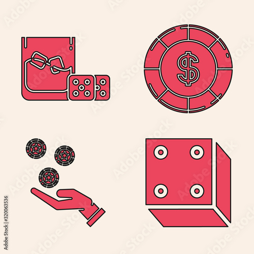 Set Game dice, Game dice and glass of whiskey with ice cubes, Casino chip with dollar symbol and Hand holding casino chips icon. Vector