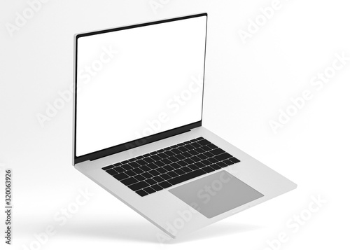 Hovering aluminium flying laptop with blank screen new design on a white background, modern computer monitor closeup flying devices with white screen isolated highly detailed resolution,3d rendering