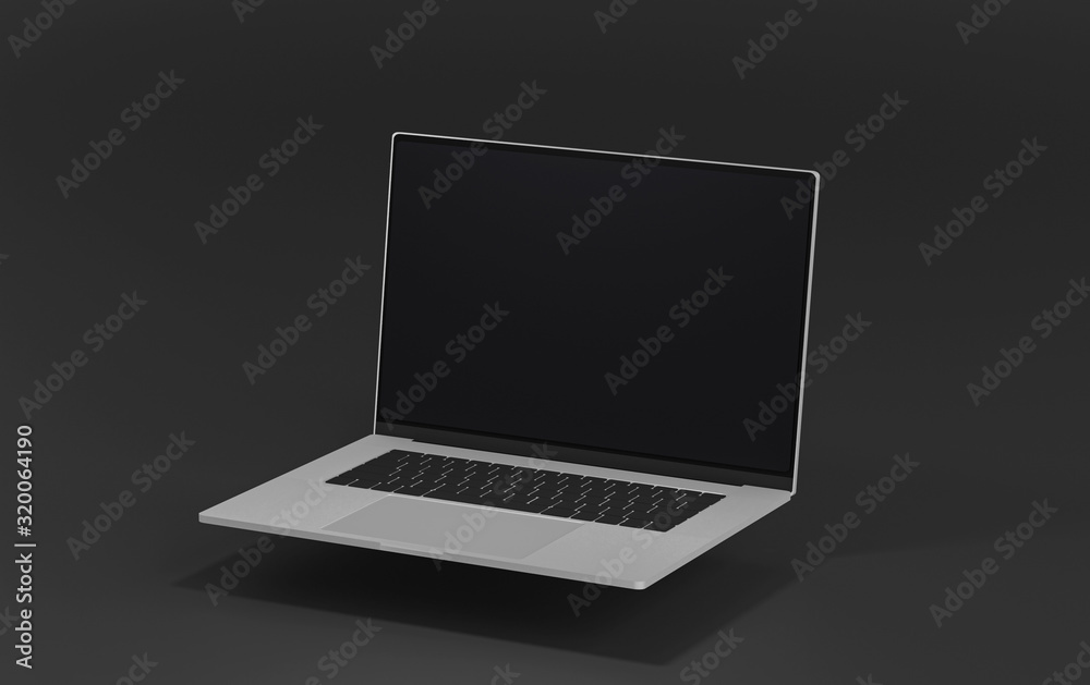 Realistic modern computer laptop 3d 16-Inch isolate on black background, mock-up device notebook display highly detailed resolution technology gadget for hipster, working, office business,3d render