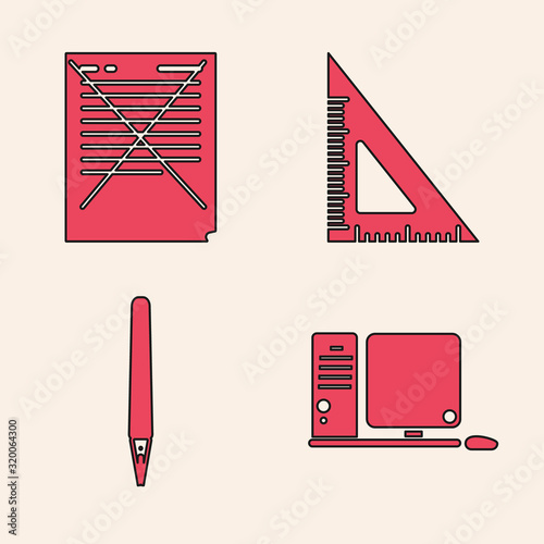 Set Computer monitor with keyboard and mouse, Exam paper with incorrect answers survey, Triangular ruler and Pen icon. Vector