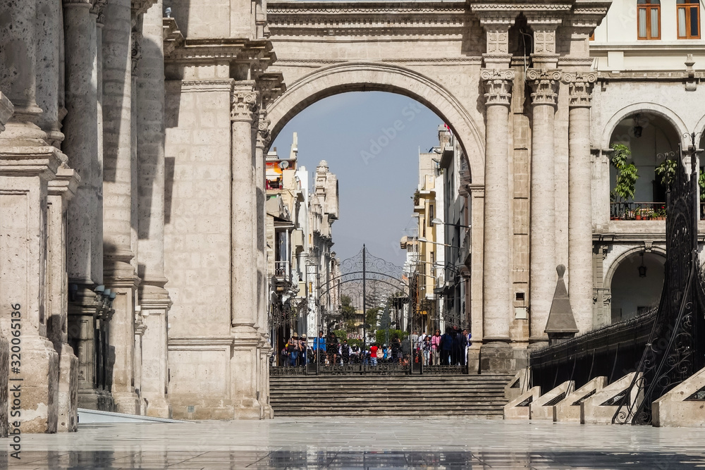 Arequipa/Peru: Arch of Basilica Cathedral, historic church at city downtown, beside Army Plaza.