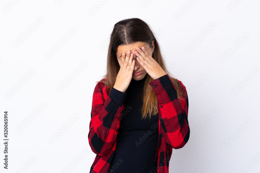 Teenager girl over isolated white background with tired and sick expression Teenager girl over isolated white background with tired and sick expression