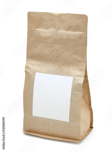 Craft paper pouch coffee bag front and back view isolated on white background. Packaging template mock up with clipping Path