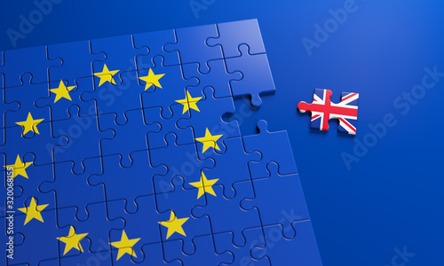 Brexit - British exit from the European Union in 2020. The concept of a 'Brexit' represented via jigsaw puzzle. Member states represented by pieces of puzzles with flag. 3D rendering graphics.