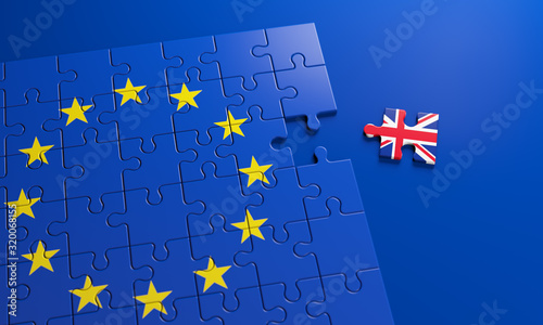 Brexit - British exit from the European Union in 2020. The concept of a 'Brexit' represented via jigsaw puzzle. Member states represented by pieces of puzzles with flag.  3D rendering graphics. photo