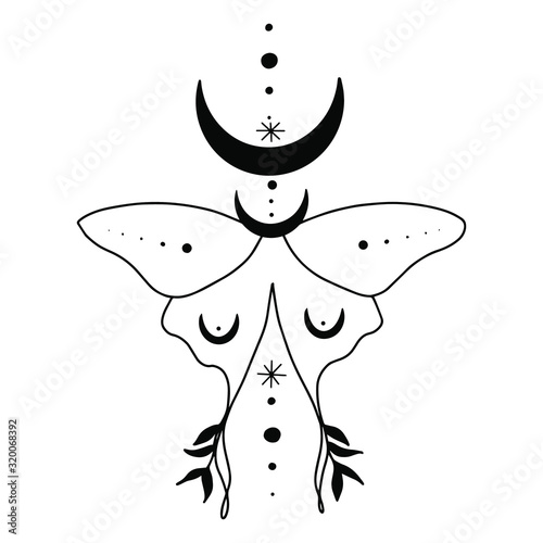 Moth illustration golden line art doodle with stars on black background. Poster, print, banner. Magical, mystical eyes, witchcraft, occult.