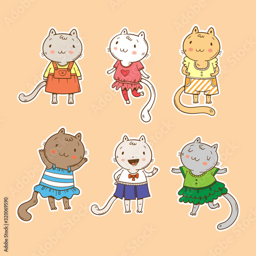 Vector set with cute cats. Funny animals in beautiful dresses. Baby illustration with fashionable kittens. Contour colorful image. Mini sticker pack.