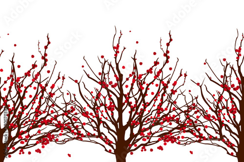 Close-up of plum blossom tree seamless pattern background and borders. Asian springtime floral tree pattern background. Great for wallpaper, gifts, textile, card.