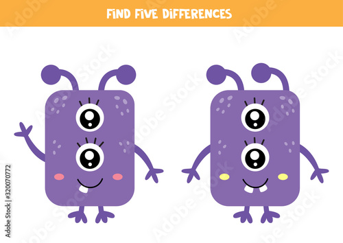 Logical game. Find differences between cute monsters.