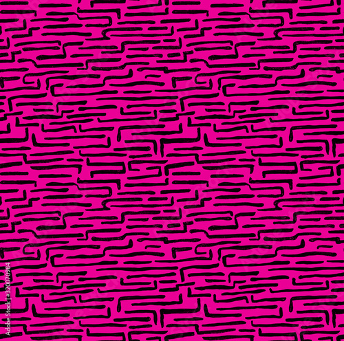Hand made seamless abstract black strokes pattern on pink background. Marker grunge scribble strokes with rounded edges. Hatching drawing for man, woman clothes, linens, fabric.