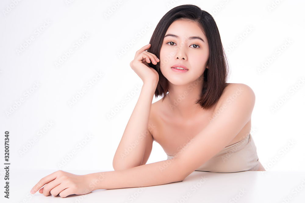 Portrait beautiful young asian woman clean fresh bare skin concept. Asian girl beauty face skincare and health wellness, Facial treatment, Perfect skin, Natural makeup, on white background,two Portrait beautiful young asian woman clean fresh bare skin concept. Asian girl beauty face skincare and health wellness, Facial treatment, Perfect skin, Natural makeup, on white background,two