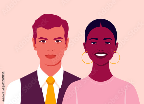 Young man and a smiling woman. Couple. Two happy people. Family and work. Vector flat illustration