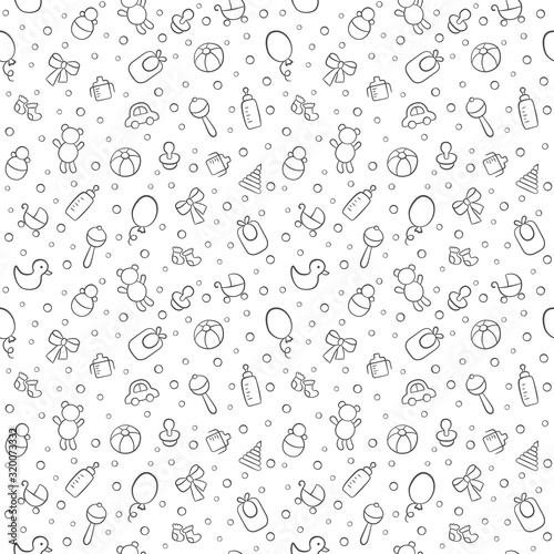 Baby cute seamless pattern. Children texture on white background. Vector illustration in doodle style.