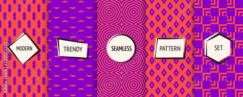 Crazy vector geometric seamless pattern collection. Set of bright colorful background swatches with modern minimal labels. Abstract funky neon textures. Retro 1980- 1990's style. Red and purple color