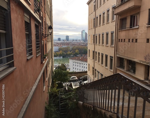 Looking down towards the Rh  ne river from the bohemian Croix-Rousse neighborhood - Lyon  France