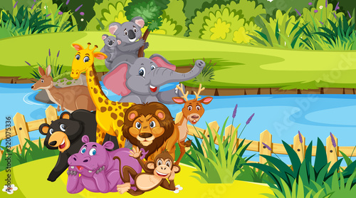 Scene with many wild animals in the forest
