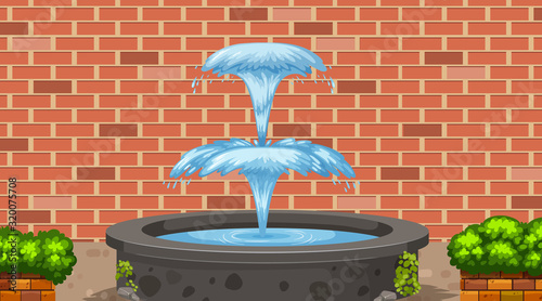 Scene with water fountain and brick wall