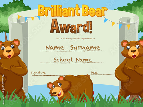 Certificate template for brillant bear award with bears in background