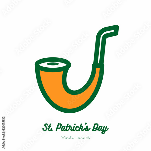 Saint Patricks day leprechaun smoke pipe, shamrock vector icon. Orange green line art flat icon for logo, sign, button. Minimalist st Patricks day menu, flyer, poster. Isolated Patrick tobacco pipe.