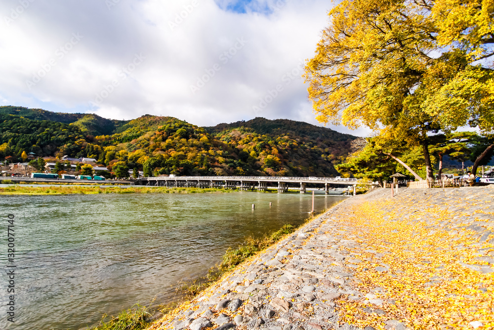 Togetsukyo Bridge, a well-known place of scenic beauty in the western hills of Kyoto, Japan
