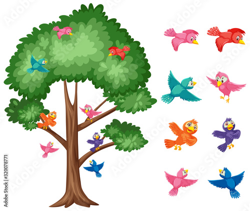 Big tree and colorful birds flying on white background