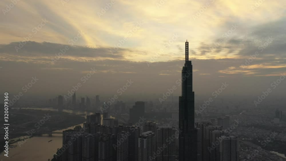 November 09/2019 4k aerial video Ho Chi Minh City skyline in sunset look from District 2 November 09/2019 4k aerial video Ho Chi Minh City skyline in sunset look from District 2
