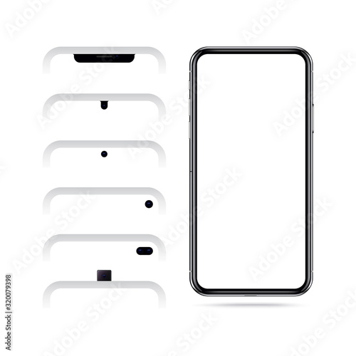 All types of front camera in one smartphone kit. Selfie mock up. Blank screen of iphone, galaxy, oppo, xiaomi. Mobile phone constructor Mock up. Vector Illustration
