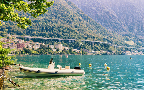 Sail boat at Geneva Lake in Montreux, Vaud canton, Switzerland