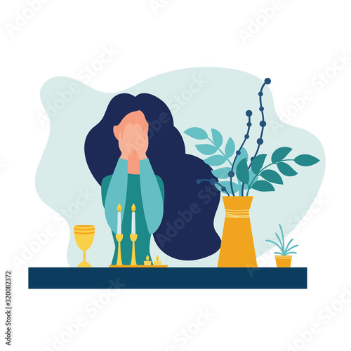 Jewish woman lighting candles for Shabbat and says the blessing. Modern flat style. Isolated on white background. Vector illustration.