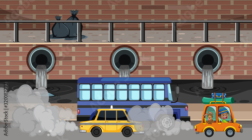 Scene with cars and factory buildings making dirty smoke in the city