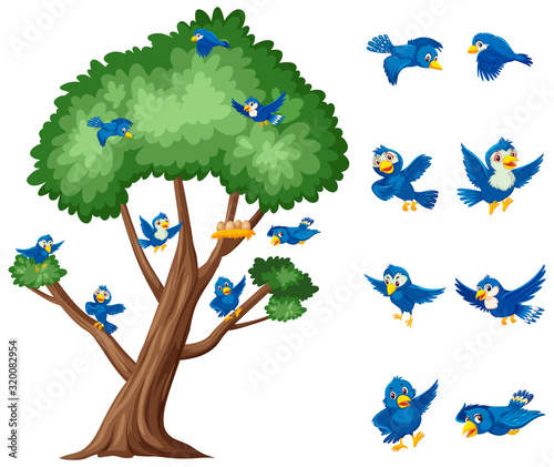 Big tree and blue birds flying on white background