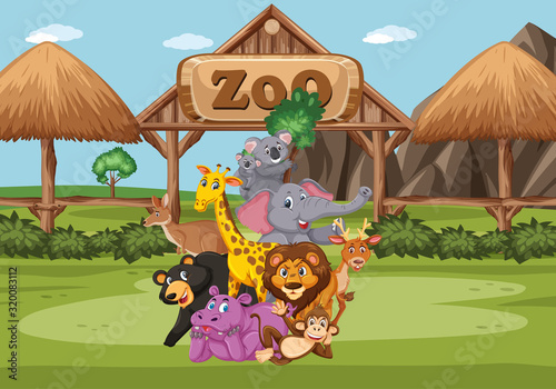 Scene with wild animals in the zoo at day time