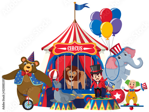 Ring master and circus animals on white background