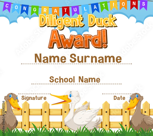 Certificate template for diligent award with ducks in background