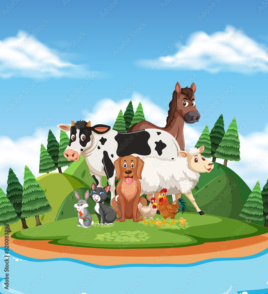 Naklejka premium Scene with many wild animals in the park