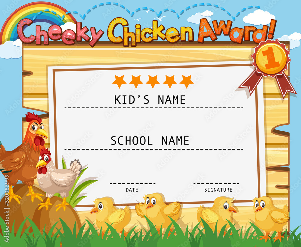 Certificate template for cheeky award with chickens in background Stock ...