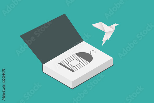 freedom concept and international day of peace. paper bird flying out of a book. vector illustration, flat design