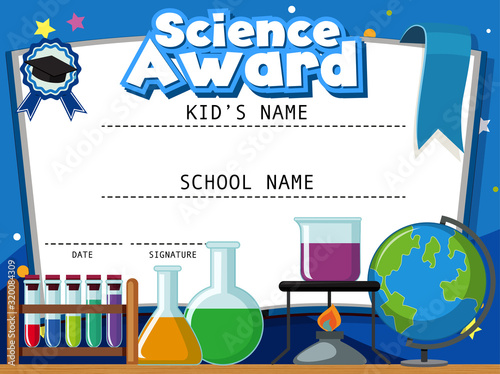 Certificate template for science award with science equipments in background