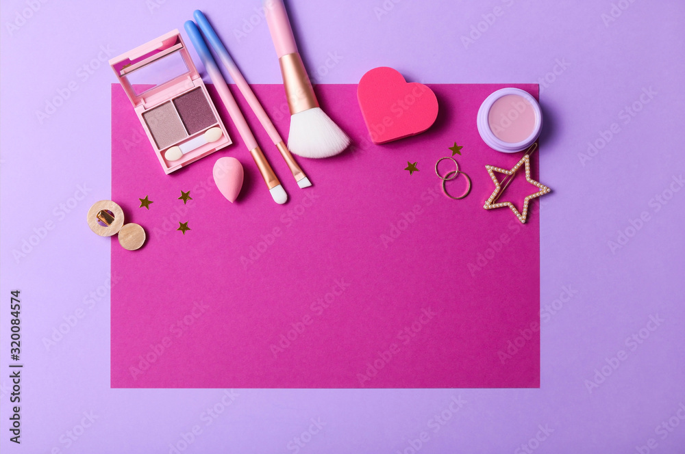 Set of professional decorative cosmetics, makeup tools and accessory on colorful background. Beauty, fashion and shopping concept. Flat lay composition, top view