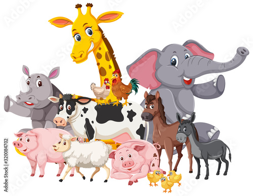Many wild animals and farm animals on white background