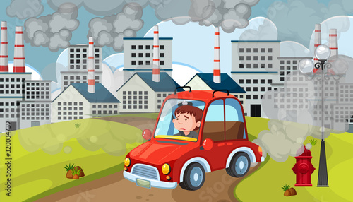 Scene with cars and factory buildings making dirty smoke in the city
